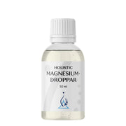 Holistic Magnesiumdroppar 50 ml, flytande magnesium i en genomskinlig flaska med vit etikett och vit skruvkork.