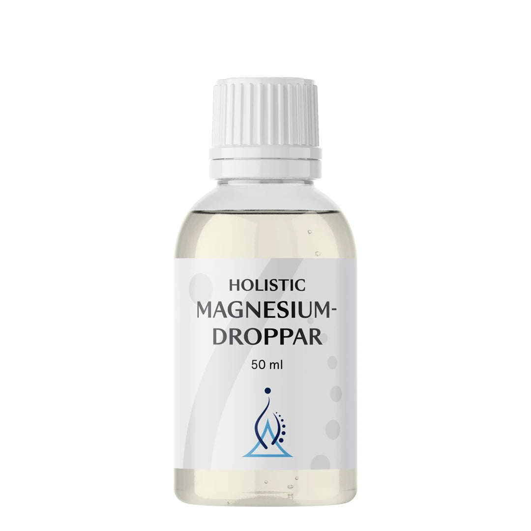Holistic Magnesiumdroppar 50 ml, flytende magnesium i en gjennomsiktig flaske med hvit etikett og hvit skrukork.