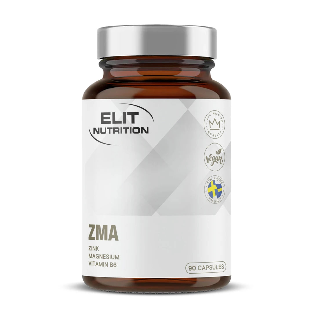 Elit Nutrition ZMA 90 caps i en brun boks med sølvlokk og hvit etikett.