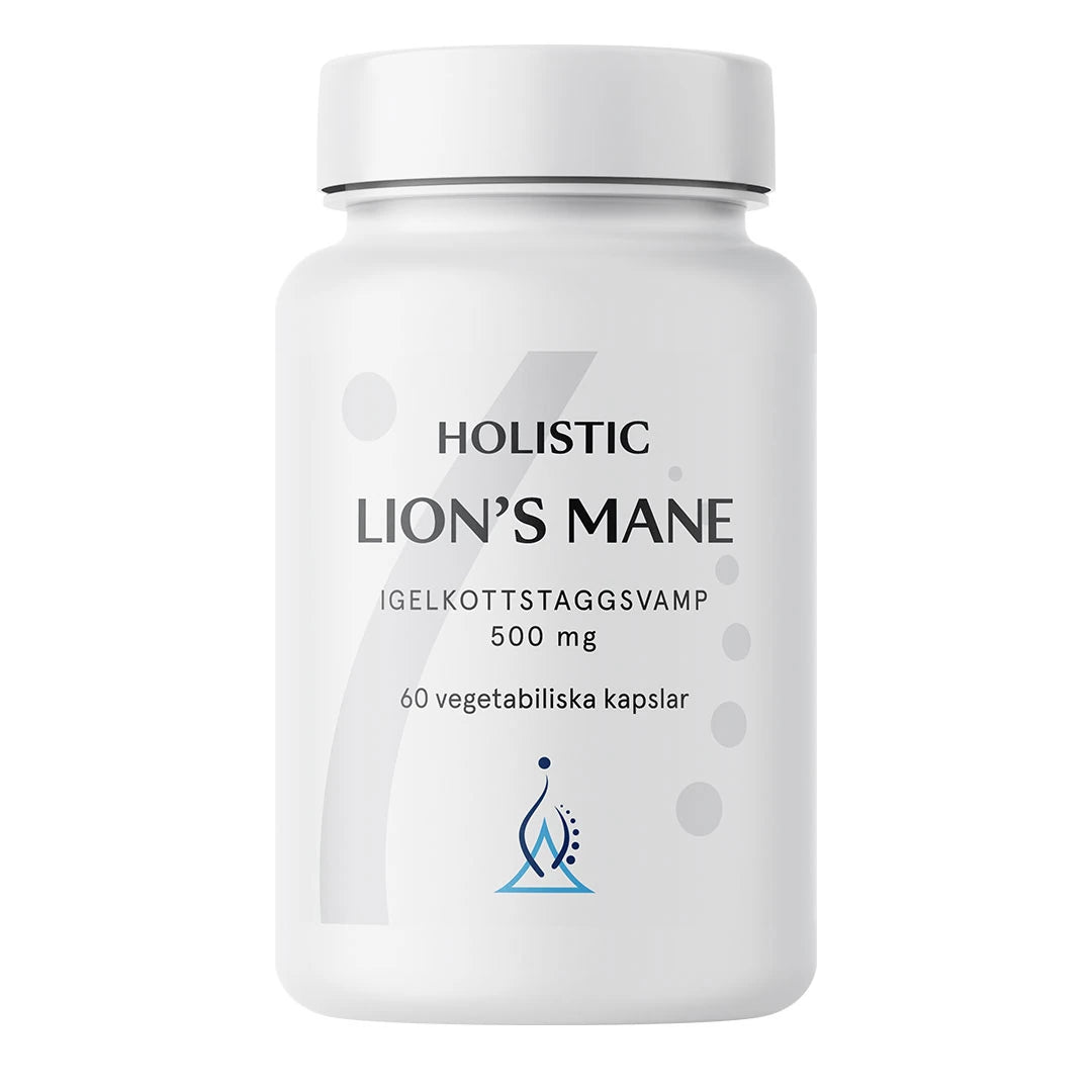 Holistic Lion's mane 60 caps i en hvit boks med stilren etikett, et vegansk kosttilskudd for mentalt fokus.