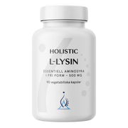 Holistic L-lysin 500 mg 90 caps i en stilren vit burk med blå logotyp och grå detaljer.