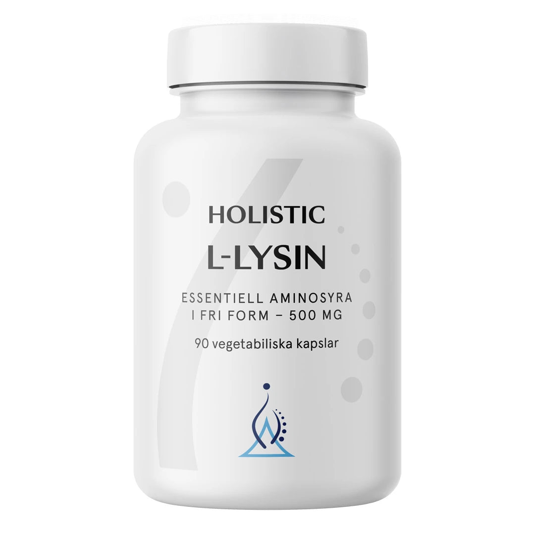 Holistic L-lysin 500 mg 90 caps i en stilren hvit boks med blå logo og grå detaljer.