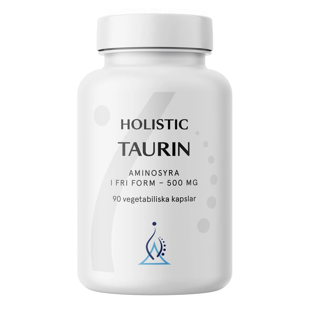 Holistic Taurin 500 mg 90 caps, et vegansk kosttilskudd pakket i en hvit boks med grå og blå detaljer.