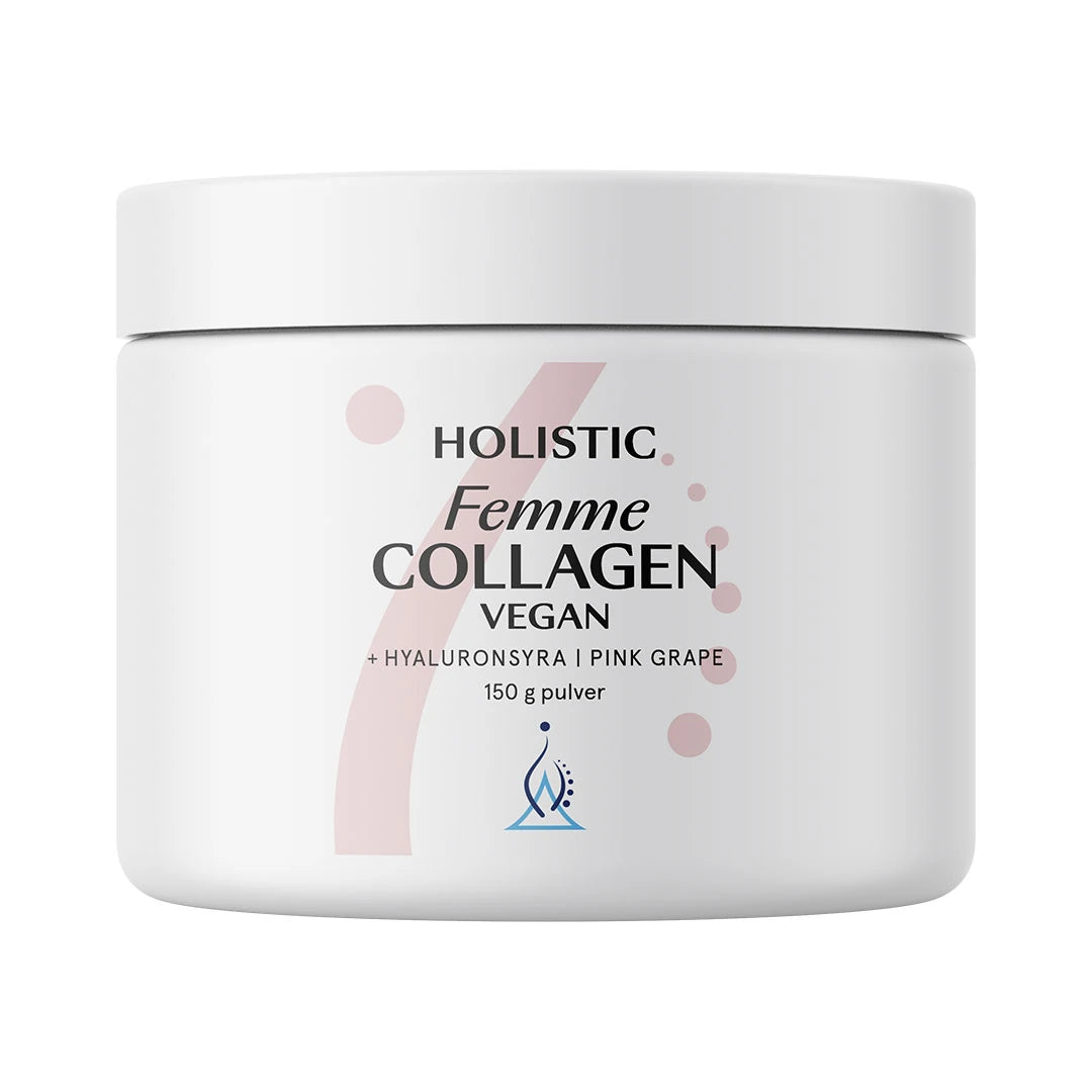 Holistic Femme Collagen vegan 150 g kollagenpulver i en hvit boks med rosa detaljer og smak av Pink Grape.