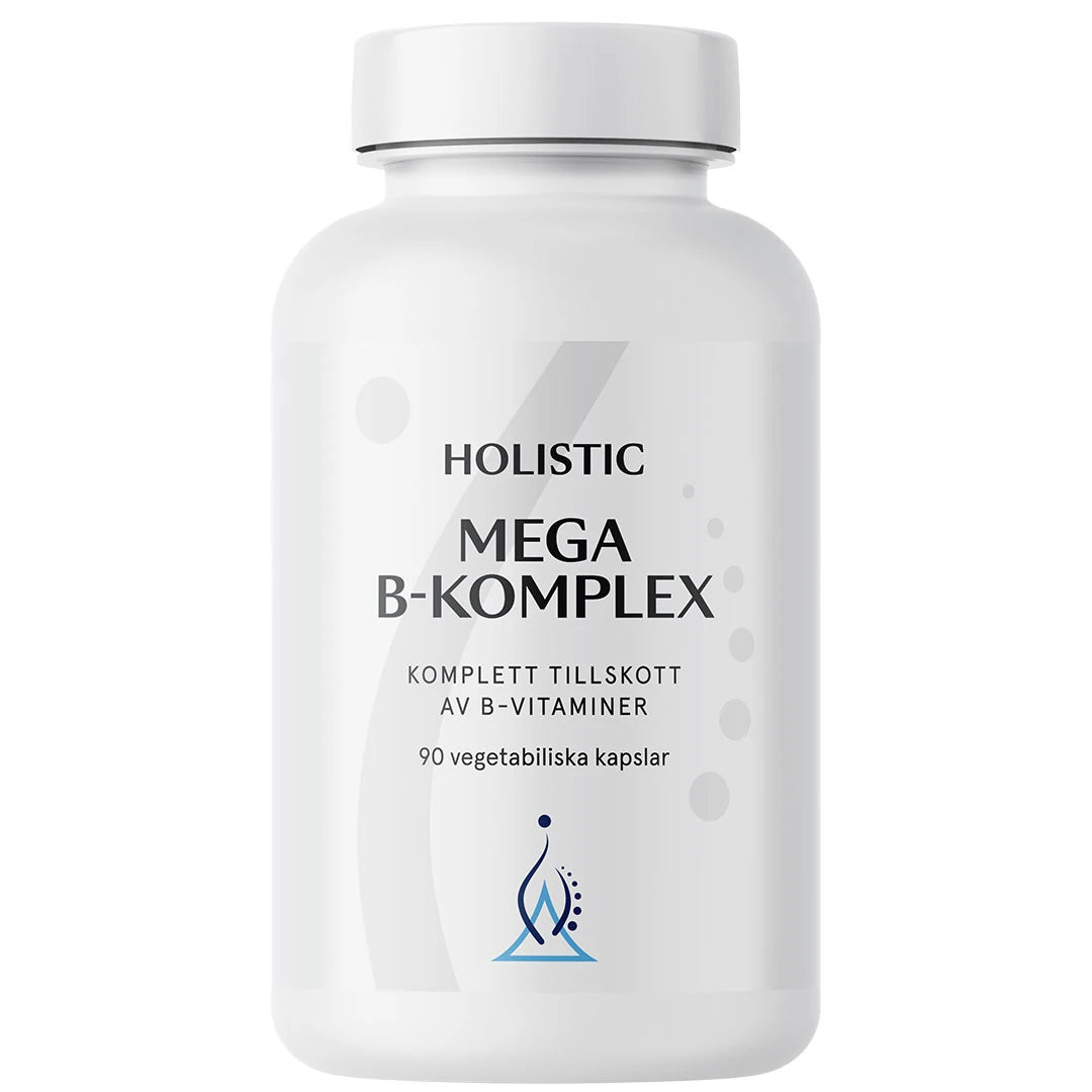 Holistic Mega B-komplex 90 caps B-vitamintilskudd i en hvit boks med lysegrå detaljer.
