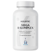 Holistic Mega B-komplex 90 caps B-vitamintillskott i en vit burk med ljusgrå detaljer.