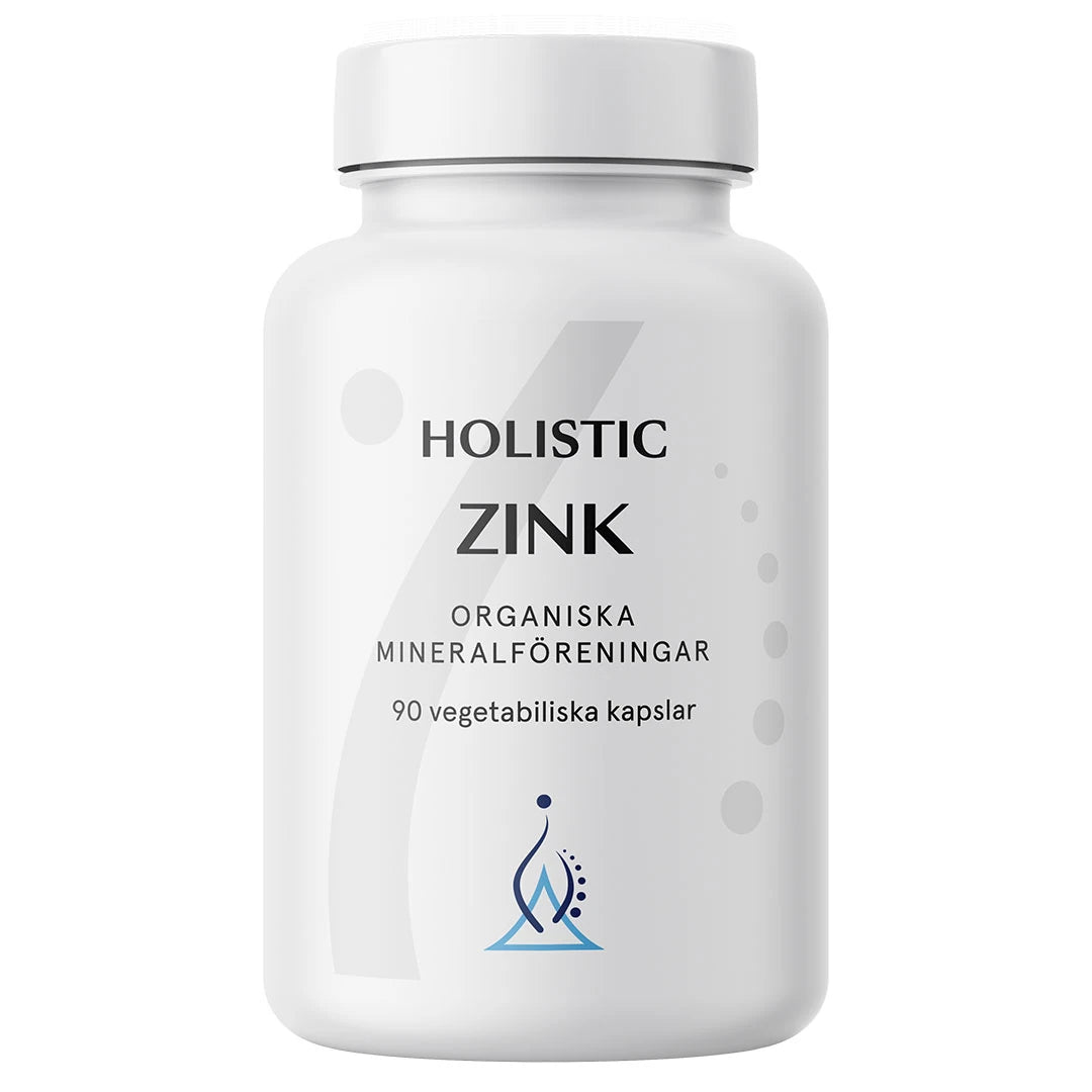 Stilren hvit boks med Holistic Zink 25 mg 90 caps sinktilskudd.