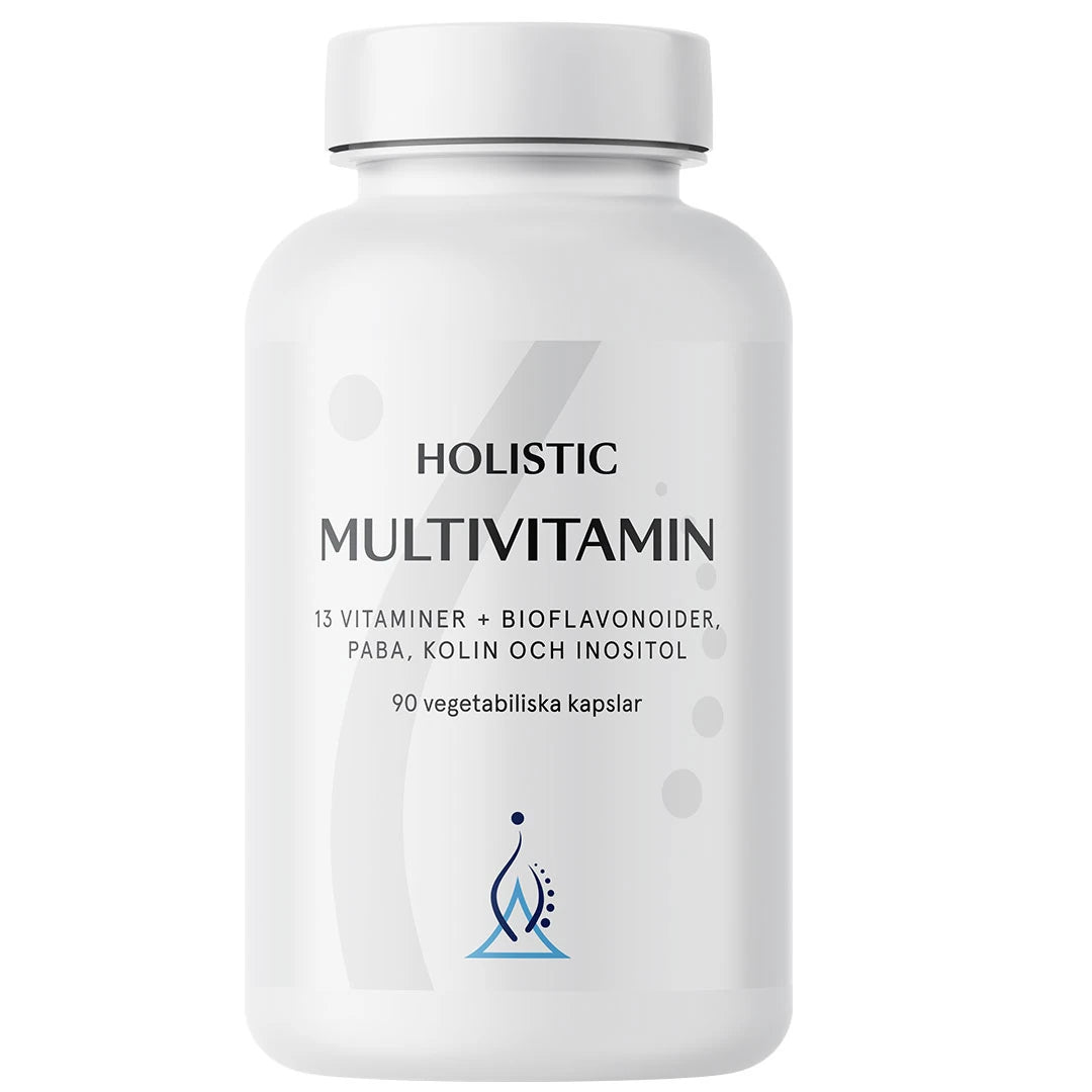 Holistic Multivitamin 90 caps i en hvit boks med stilren etikett, som inneholder 13 vitaminer og bioflavonoider.