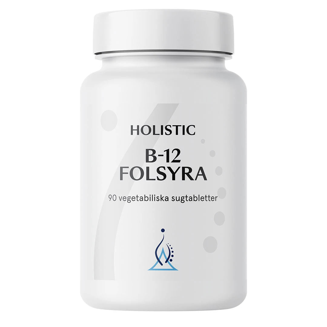 Holistic B-12 Folsyra 90 tabs i en hvit plastboks med stilren etikett, et kosttilskudd for energi og nervesystem.