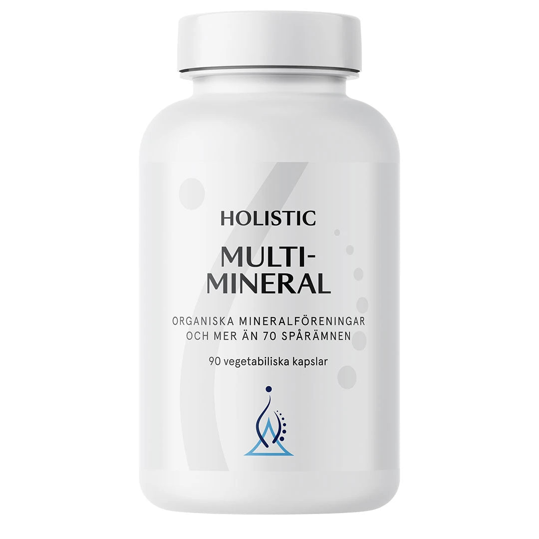 Holistic Multimineral 90 caps mineraltilskudd i en stilren hvit boks med hvitt lokk.