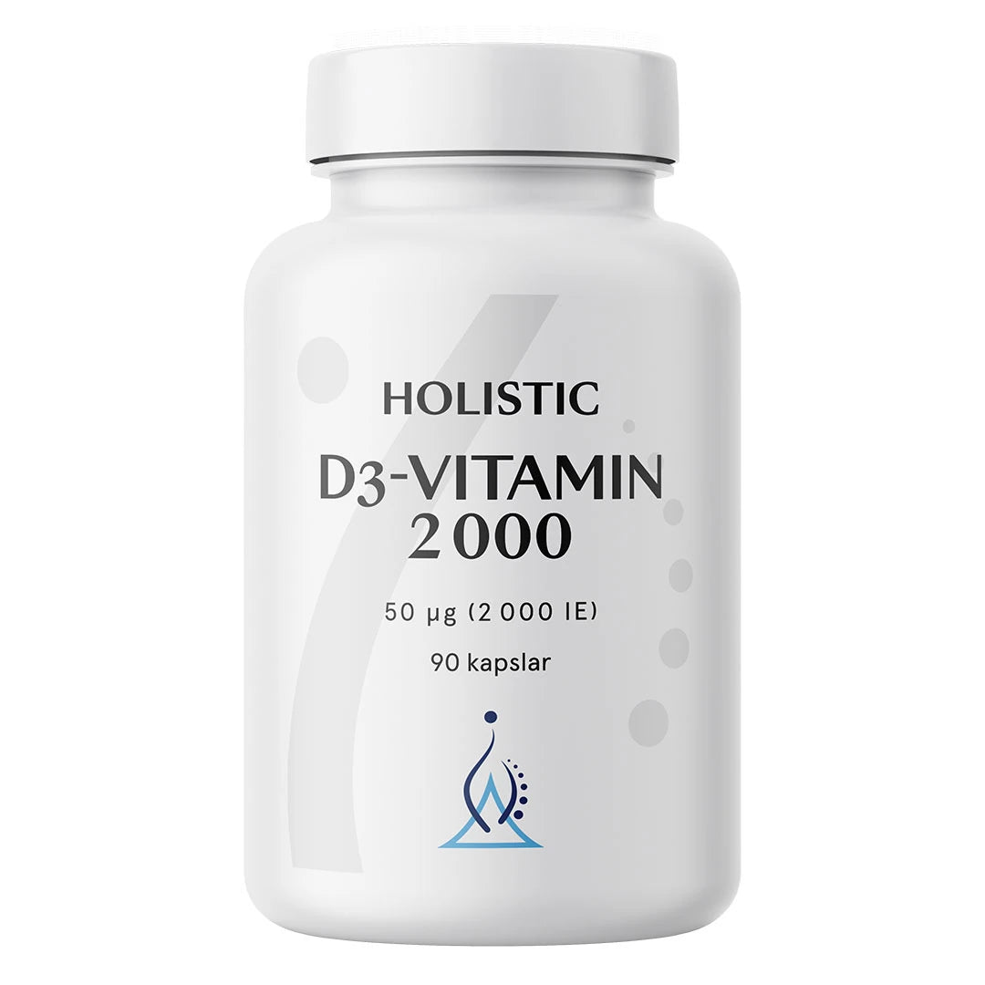 Holistic D3-vitamin 2000 90 caps kosttilskudd pakket i en hvit plastboks med stilren svart tekst.