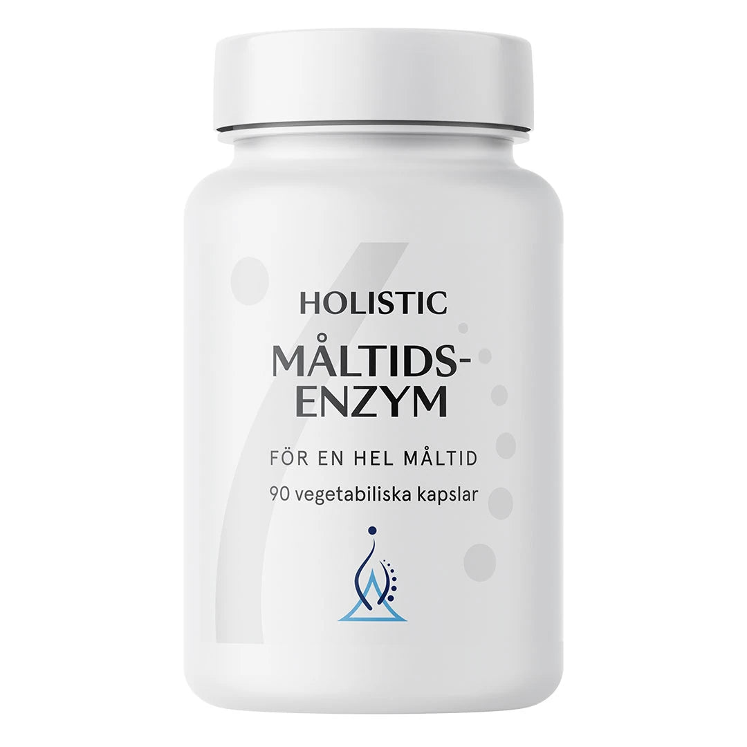 Holistic Måltidsenzym 90 caps fordøyelsesenzymer i en hvit boks med blå logo.
