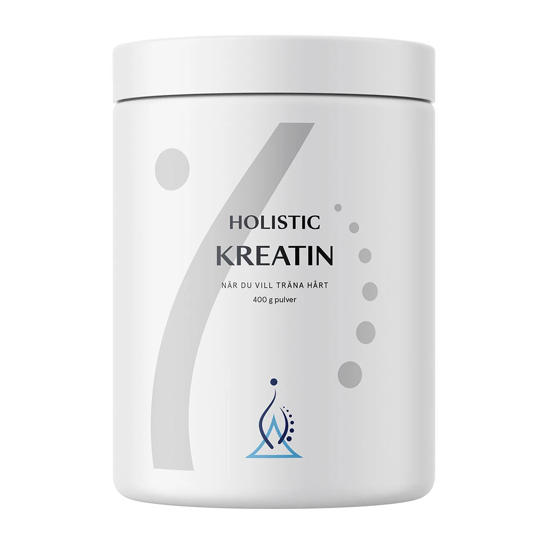 Holistic Kreatin 400 g kreatinpulver, pakket i en stilren hvit boks med grå grafiske detaljer.