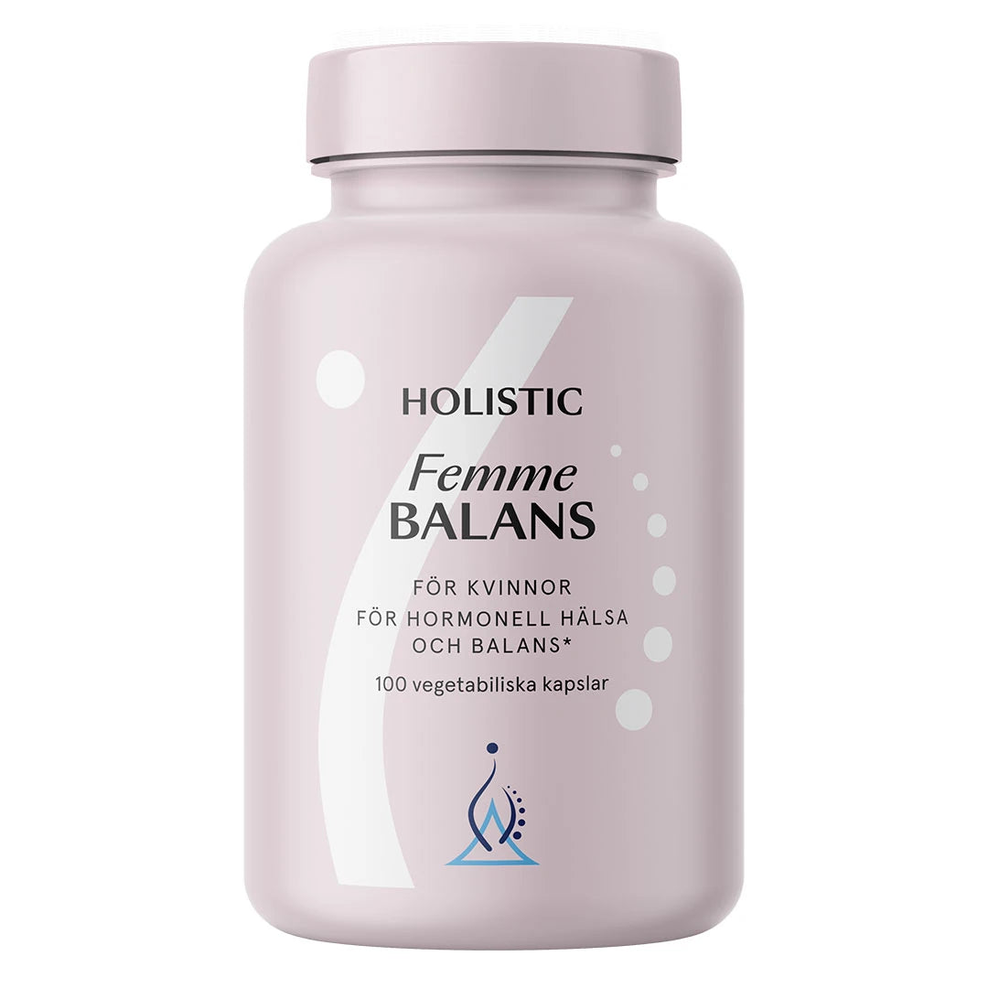 Holistic Femme Balans 100 caps, et kosttilskudd pakket i en lyserosa plastboks.