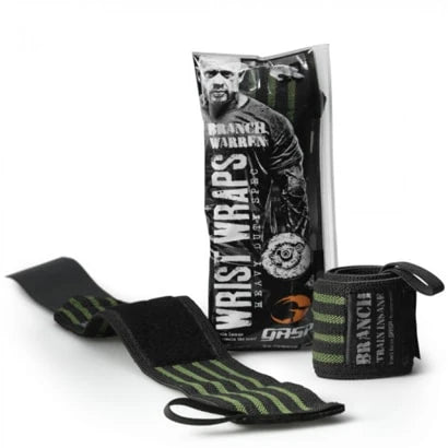Slitesterke GASP Branch Warren Heavy Duty Wrist Wraps i svart med grønne striper, vist sammen med emballasjen.