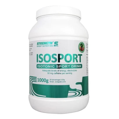 Strength Isosport 1 kg sportsdrikk i en hvit boks med grønne detaljer og smak av jordbær-lime.