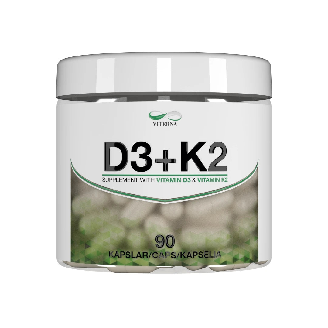 Viterna Vitamin D3 + K2 90 caps i en hvit boks med grønne detaljer og synlige kapsler på etiketten.