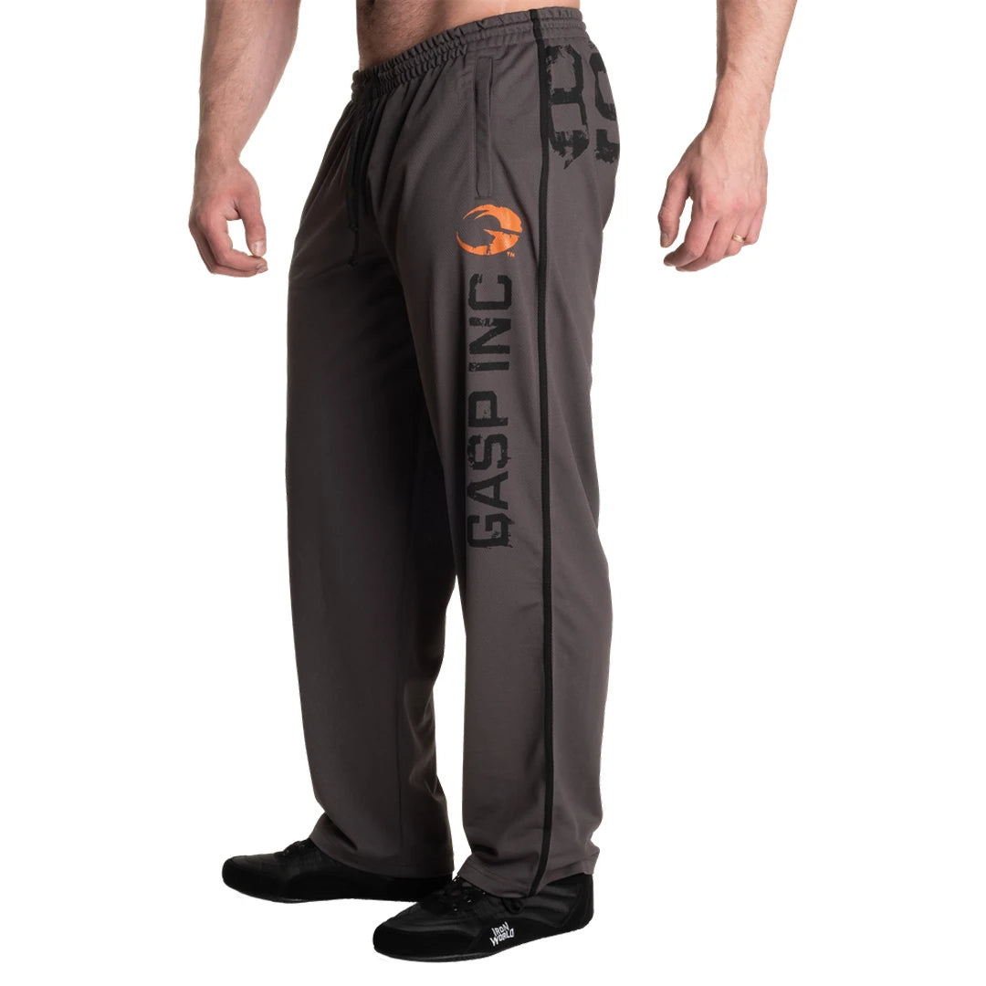 Gasp No 89 Mesh Pants Grey treningsbukser i grå polyester med elastisk midje og stor GASP-logo langs benet., bilde 4 av 5
