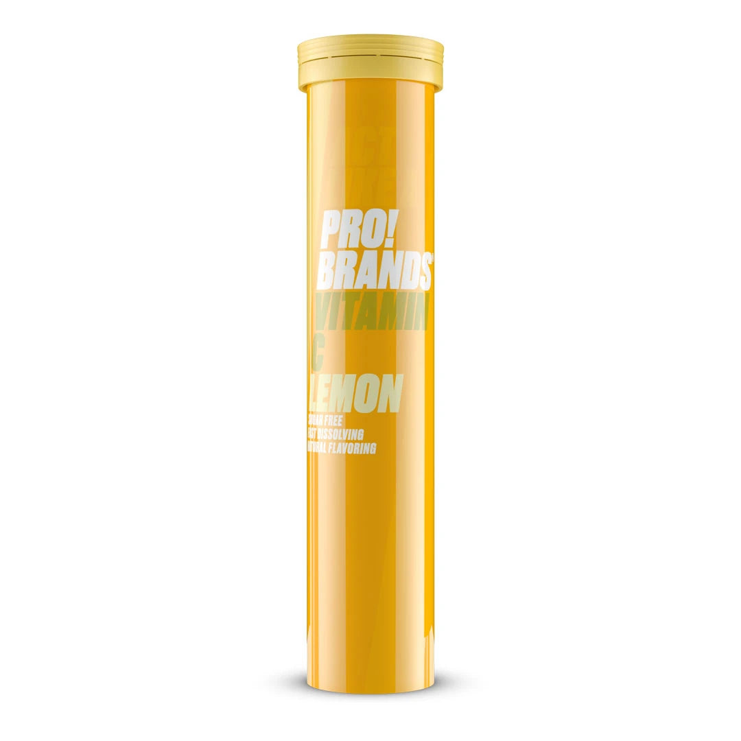 Pro Brands C-vitamin Brus pakket i et gult rør med hvit tekst og smaken Lemon.