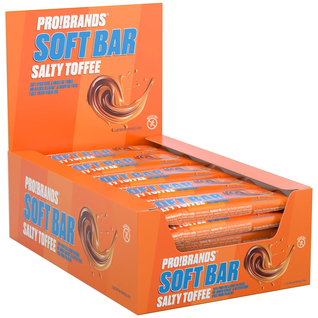 15 x Pro Brands Softbar 40 g Salty Toffee i en oransje displayeske fylt med matchende proteinbarer.